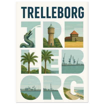 Trelleborg Travel Poster: Iconic Landmarks & Coastal Views in a Unique Typography Design