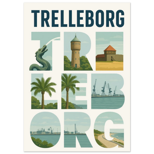 Trelleborg Travel Poster: Iconic Landmarks & Coastal Views in a Unique Typography Design