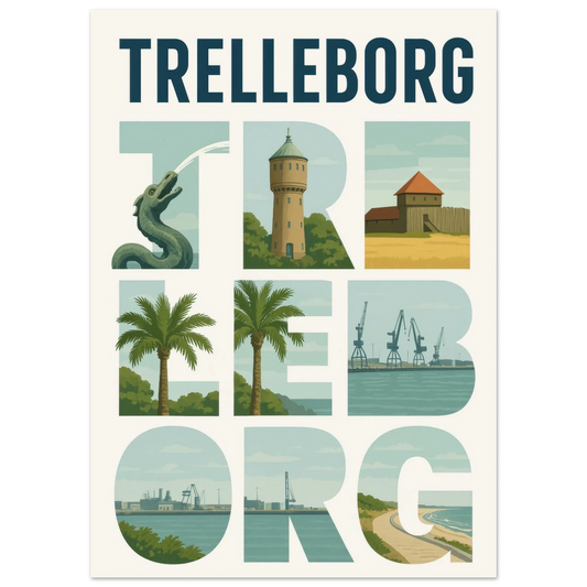 Trelleborg Travel Poster: Iconic Landmarks & Coastal Views in a Unique Typography Design