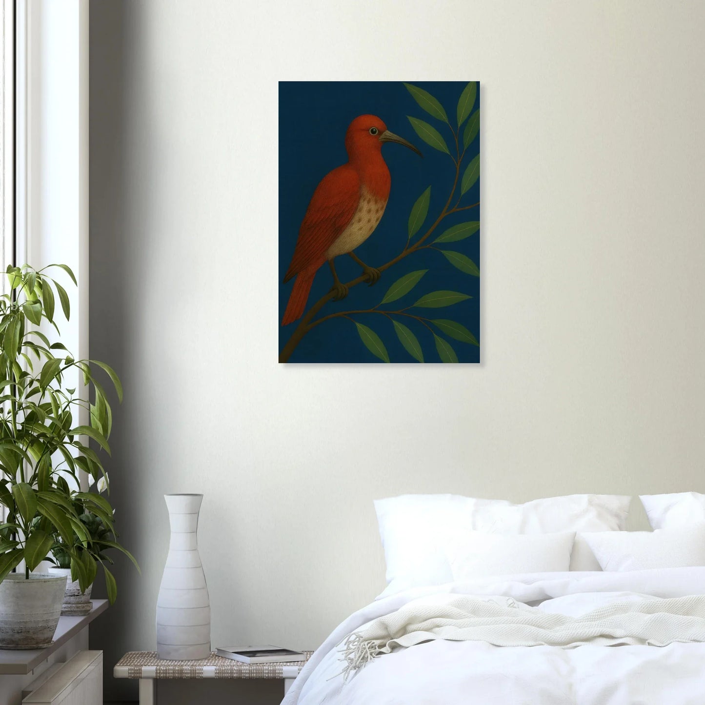 Djur: Vibrant Crimson Bird Art Print on Deep Teal Background, available in multiple sizes