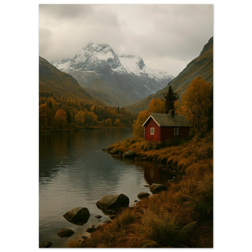 Red Cabin by the Lake: A Serene Autumn Mountain Landscape Poster