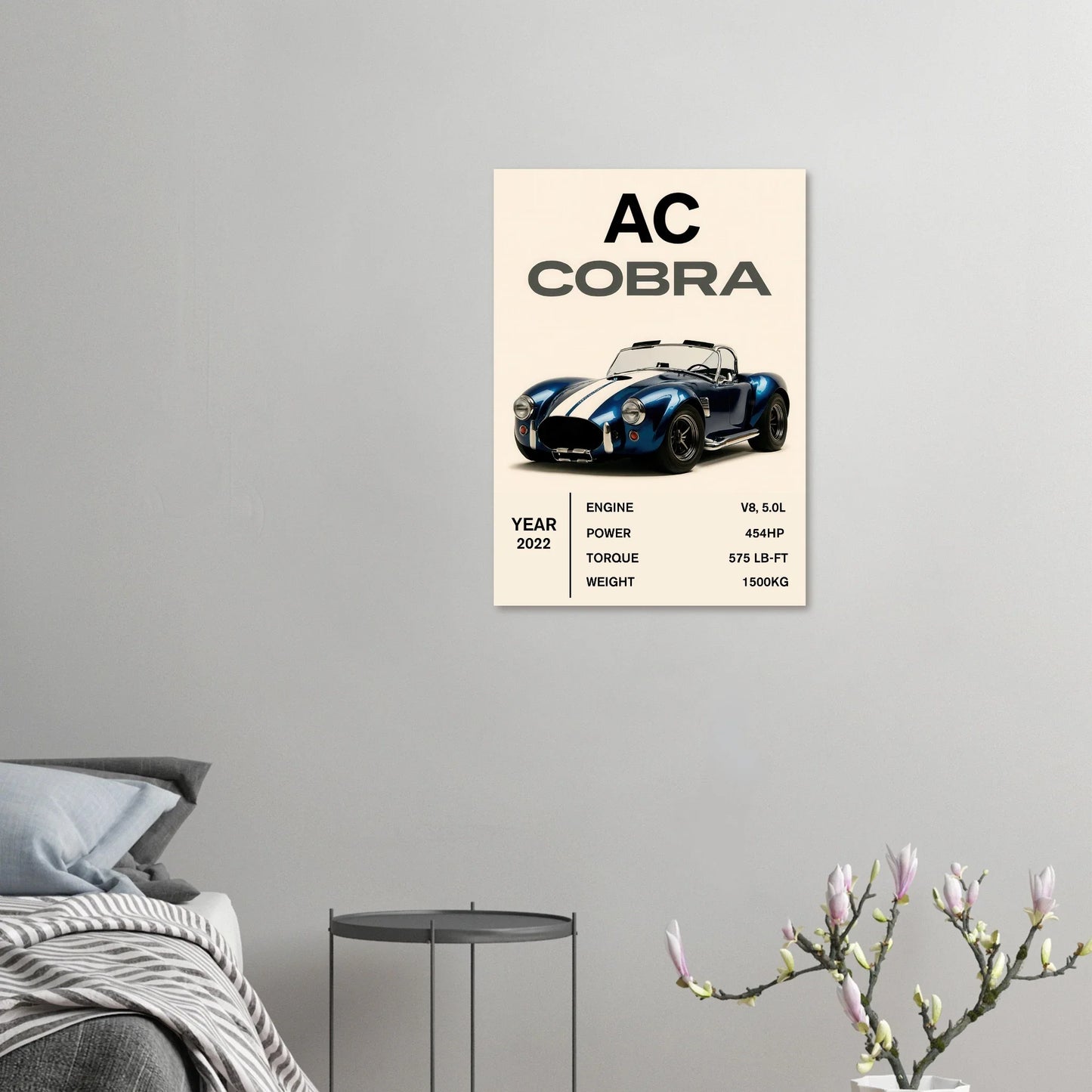 AC Cobra Luxury Car Art Print – Blue & White Vintage Sports Car Poster