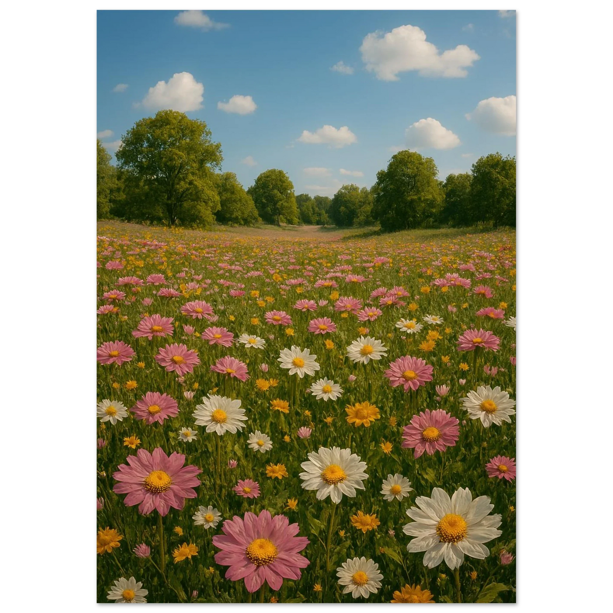 Vibrant Summer Meadow Poster – Pink & White Daisies in Bloom, Multiple Sizes Available