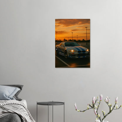 Iconic Skyline GTR Sportbil Konstaffisch – Fånga Fartens Själ i Solnedgången