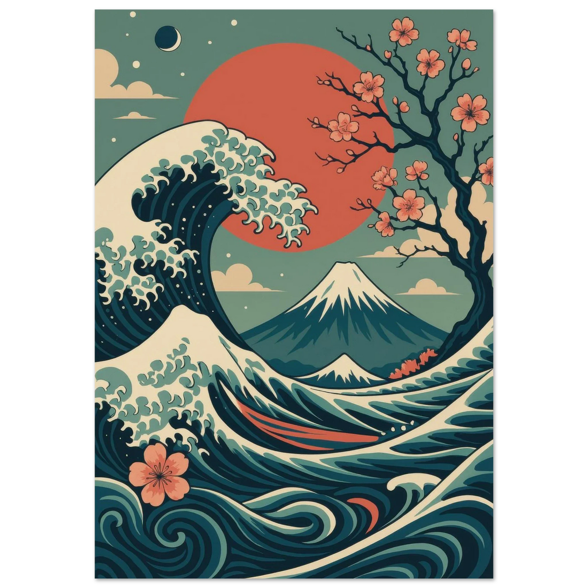 Japansk Vågor & Körsbärsblom Poster - Ukiyo-e Konsttryck i Levande Färger