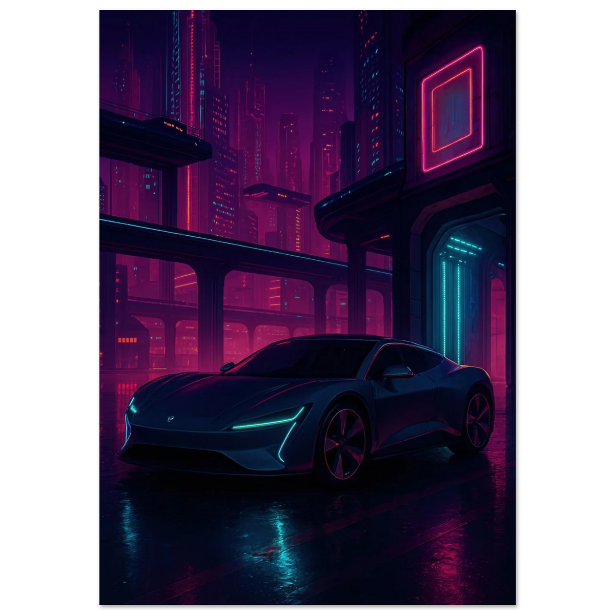 Neon Night Drive: Futuristic Cyberpunk Car Art Print – Bilar Collection