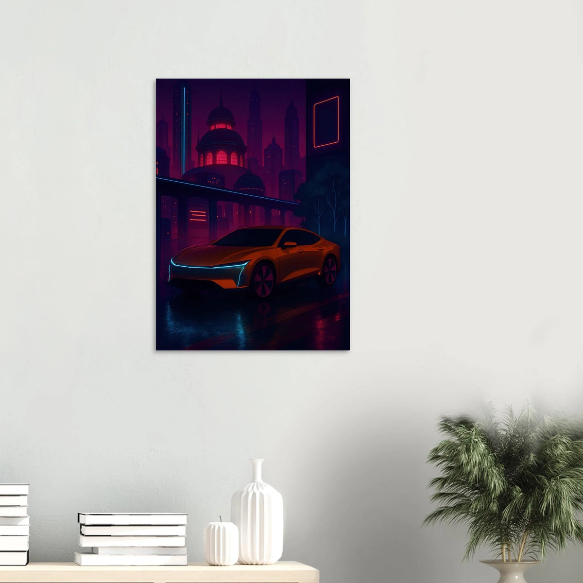 Neon Nightdrive: Futuristisk Bil i Cyberpunk Stadsbild Affisch – Konstavtryck med Livfulla Färger