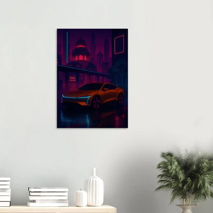 Neon Nightdrive: Futuristisk Bil i Cyberpunk Stadsbild Affisch – Konstavtryck med Livfulla Färger