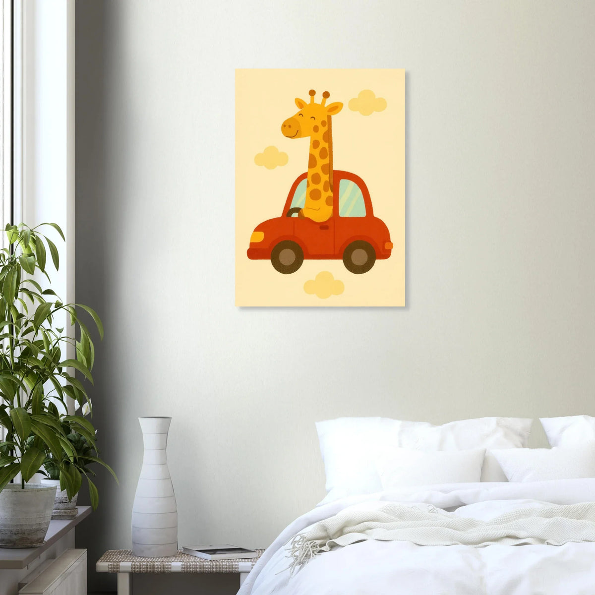 Giraff på Bil – Charmig Barnrumsaffisch