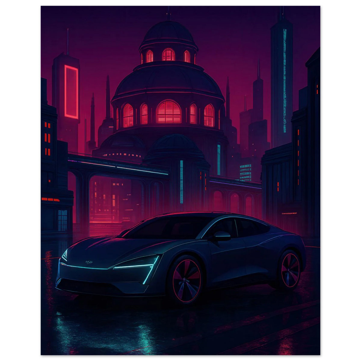 Futuristic Cyberpunk Bil Art Print – Neonstad Nattscen med Elbil
