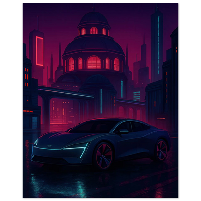 Futuristic Cyberpunk Bil Art Print – Neonstad Nattscen med Elbil