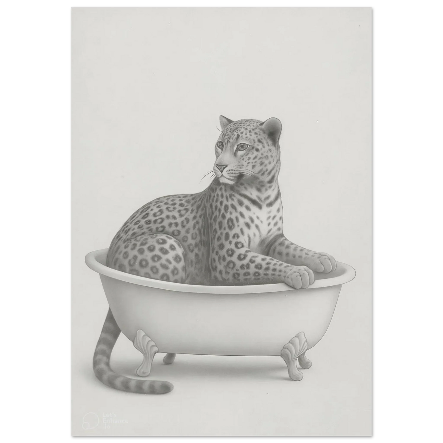 Sophisticated Leopard in Bathtub Art Print – Elegant Monochromatic Wall Decor in Various Sizes