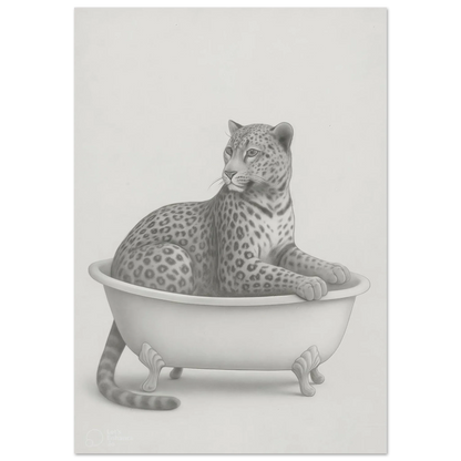 Sophisticated Leopard in Bathtub Art Print – Elegant Monochromatic Wall Decor in Various Sizes