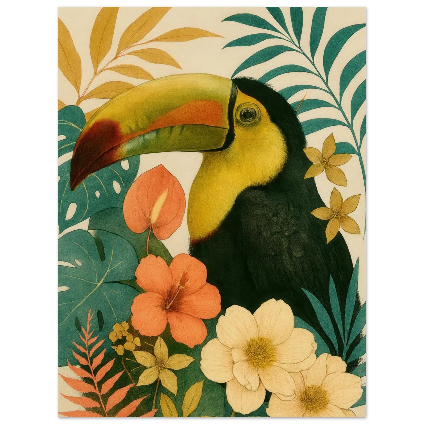 Tropisk Toucan Konsttryck - Djärva Djur & Blommor i Varma Toner