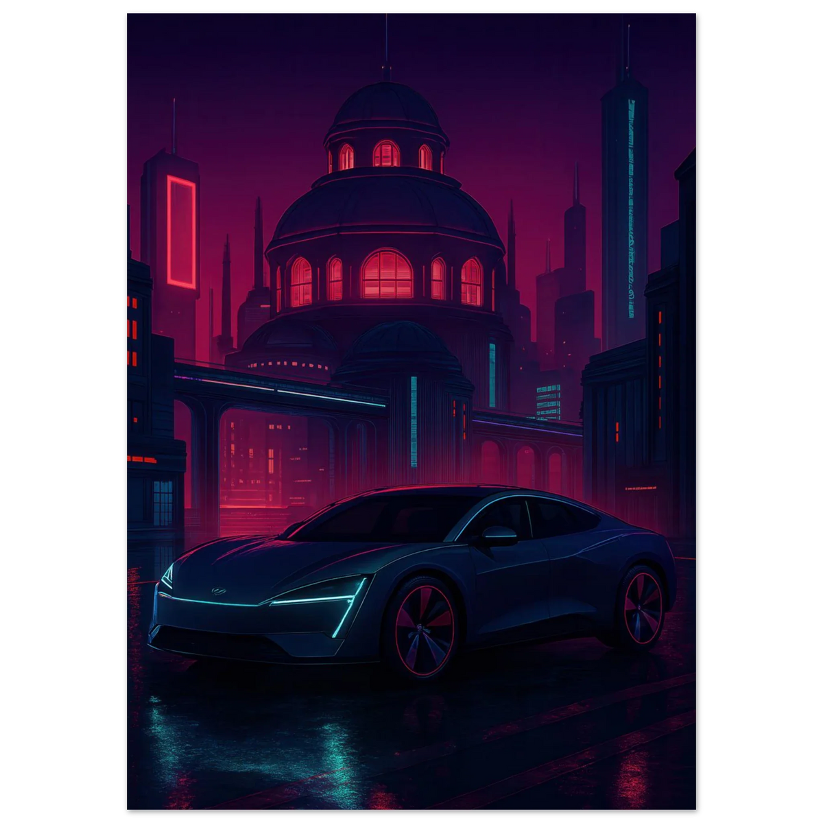 Futuristic Cyberpunk Bil Art Print – Neonstad Nattscen med Elbil