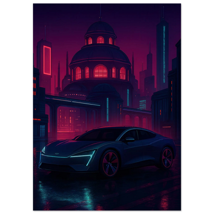 Futuristic Cyberpunk Bil Art Print – Neonstad Nattscen med Elbil