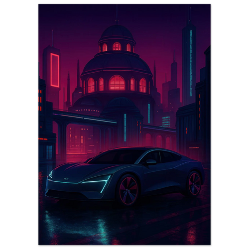 Futuristic Cyberpunk Bil Art Print – Neonstad Nattscen med Elbil