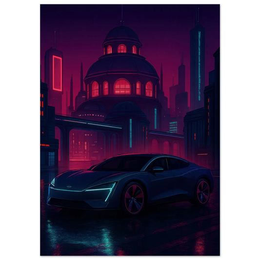 Futuristic Cyberpunk Bil Art Print – Neonstad Nattscen med Elbil