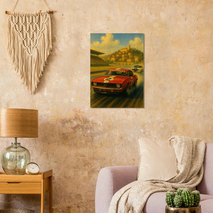 Vintage Race Day: Classic Red Sports Car Art Print – Bilar