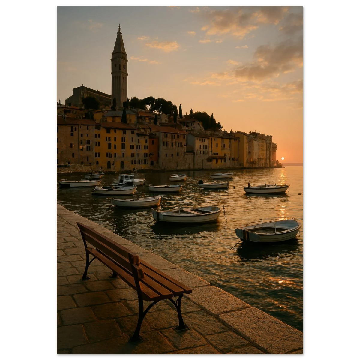 Golden Hour Coastal Town Sunset Poster – Vivid Seascape Art Print in Your Choice of 29 Sizes