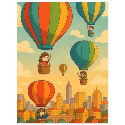 Barn: Whimsical Hot Air Balloon Cityscape Art Print – Elevate Your Space with Retro Charm