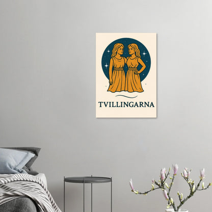 Tvillingarna Zodiac Konsttryck – Gulblå Retro Astrologisk Design Affisch