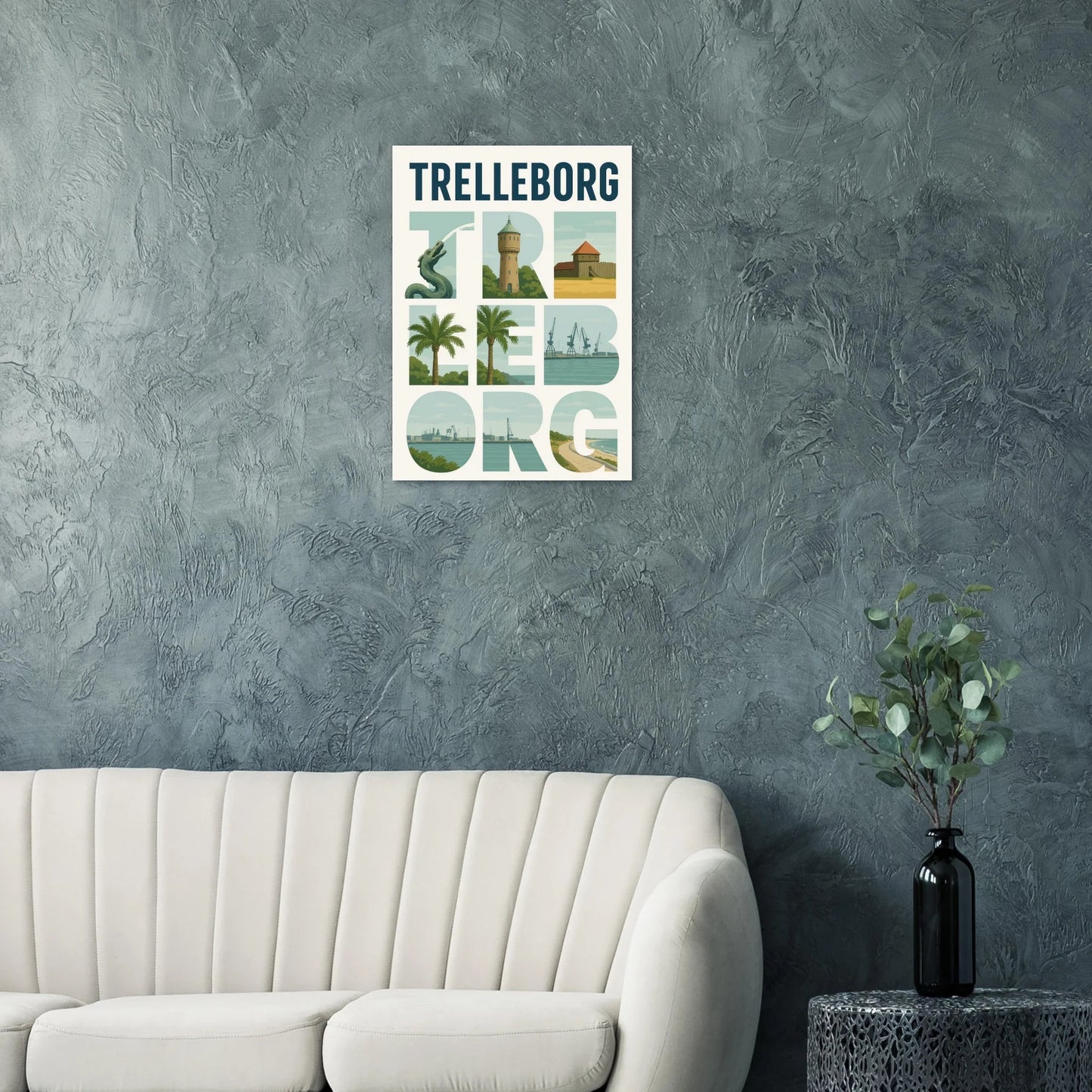 Trelleborg Travel Poster: Iconic Landmarks & Coastal Views in a Unique Typography Design