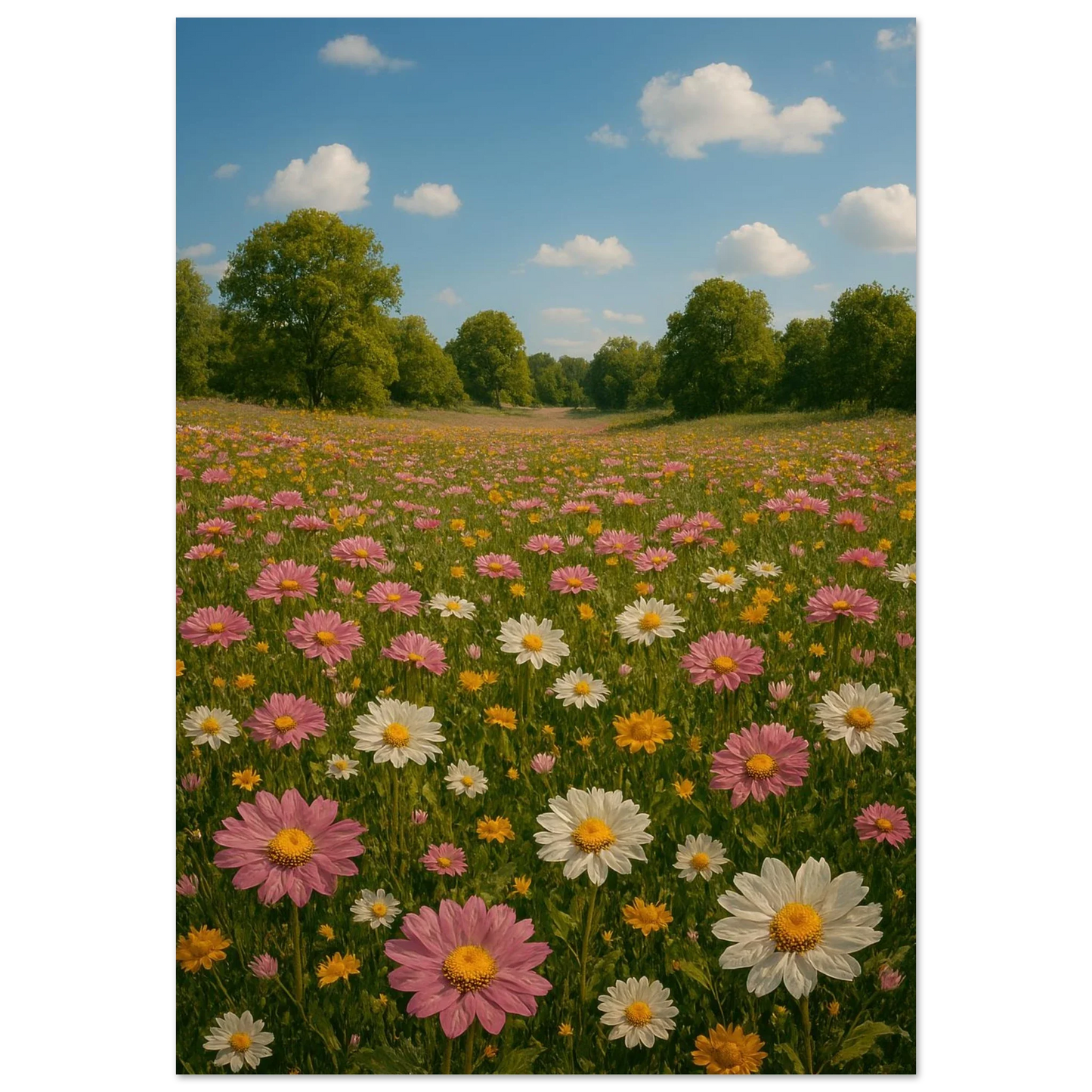 Vibrant Summer Meadow Poster – Pink & White Daisies in Bloom, Multiple Sizes Available