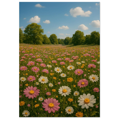 Vibrant Summer Meadow Poster – Pink & White Daisies in Bloom, Multiple Sizes Available