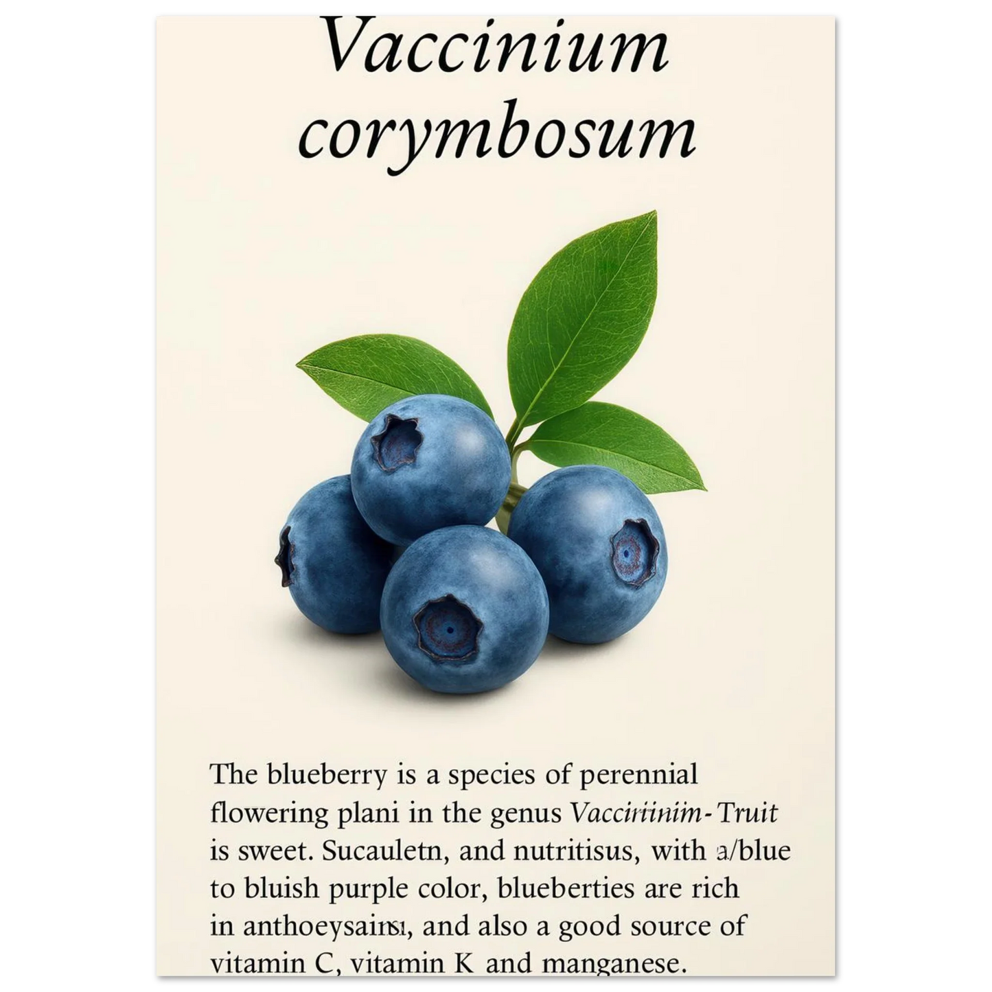 Frukter Botanisk Poster: Vaccinium Corymbosum (Blåbär) Konsttryck med levande blå nyanser och din valda storlek