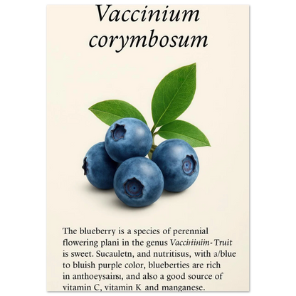 Frukter Botanisk Poster: Vaccinium Corymbosum (Blåbär) Konsttryck med levande blå nyanser och din valda storlek