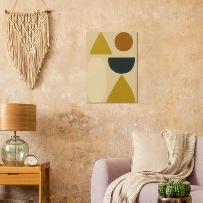 Abstrakt Minimalistisk Geometrisk Konsttryck – Gul, Svart & Rostfärgade Former på Halvblankt Premiumpapper