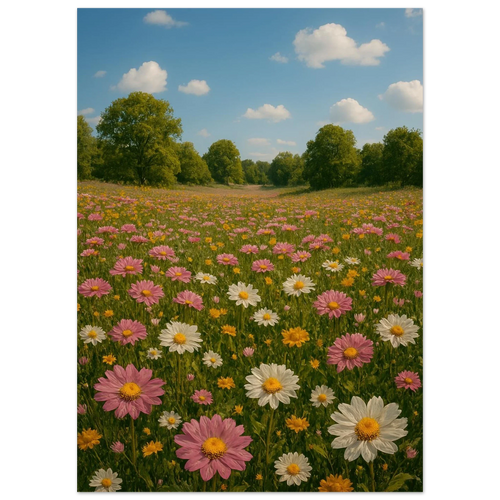 Vibrant Summer Meadow Poster – Pink & White Daisies in Bloom, Multiple Sizes Available