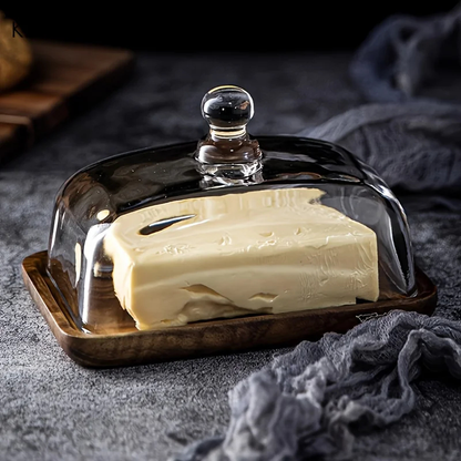Glass Butter Dish with Wooden Base