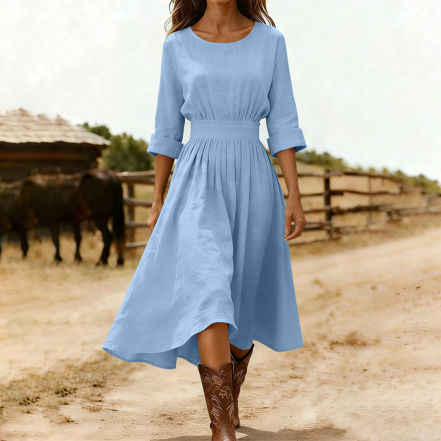Long-Sleeve Cotton Blend Dress