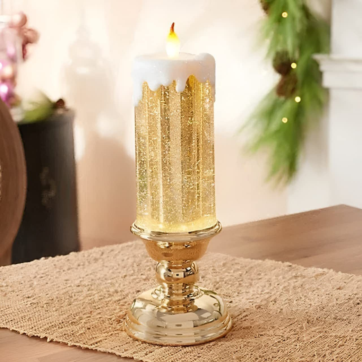 LED Glitter Candle with Pedestal Base