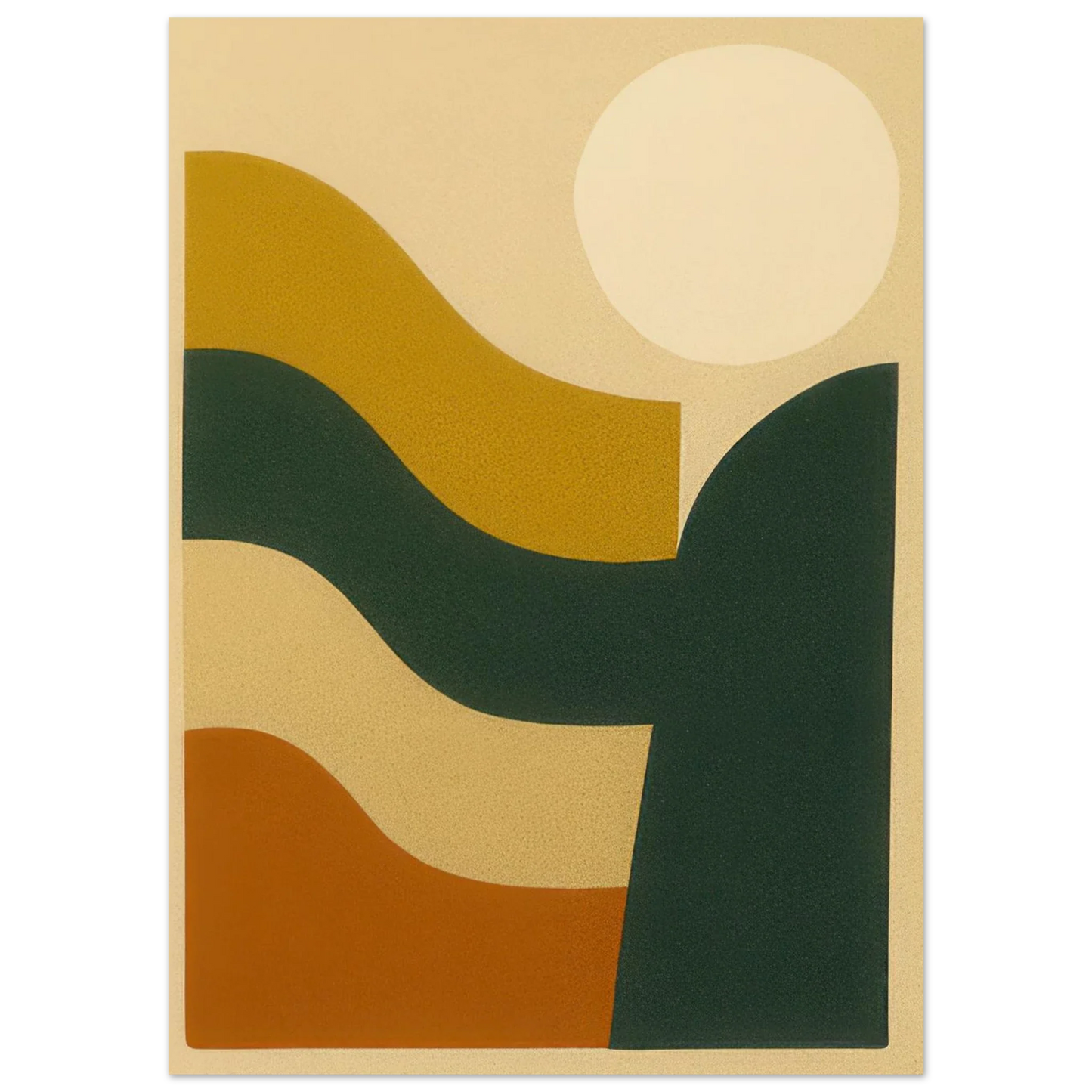 Abstrakt / Minimalistisk Solnedgång Poster – Moderna Vågor i Ockra, Skogsgrönt & Terrakotta, i Flera Storlekar