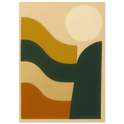 Abstrakt / Minimalistisk Solnedgång Poster – Moderna Vågor i Ockra, Skogsgrönt & Terrakotta, i Flera Storlekar