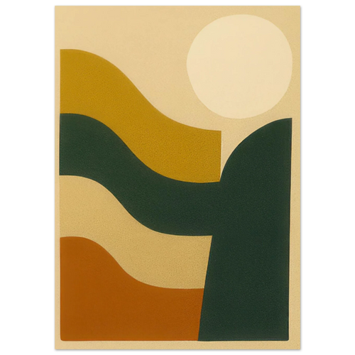 Abstrakt / Minimalistisk Solnedgång Poster – Moderna Vågor i Ockra, Skogsgrönt & Terrakotta, i Flera Storlekar