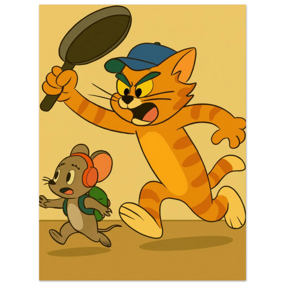 Katt Poster – Katt Jagar Mus med Stekpanna | Premium Halvblankt Papper