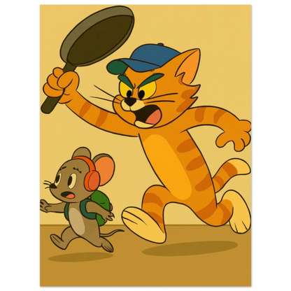 Katt Poster – Katt Jagar Mus med Stekpanna | Premium Halvblankt Papper