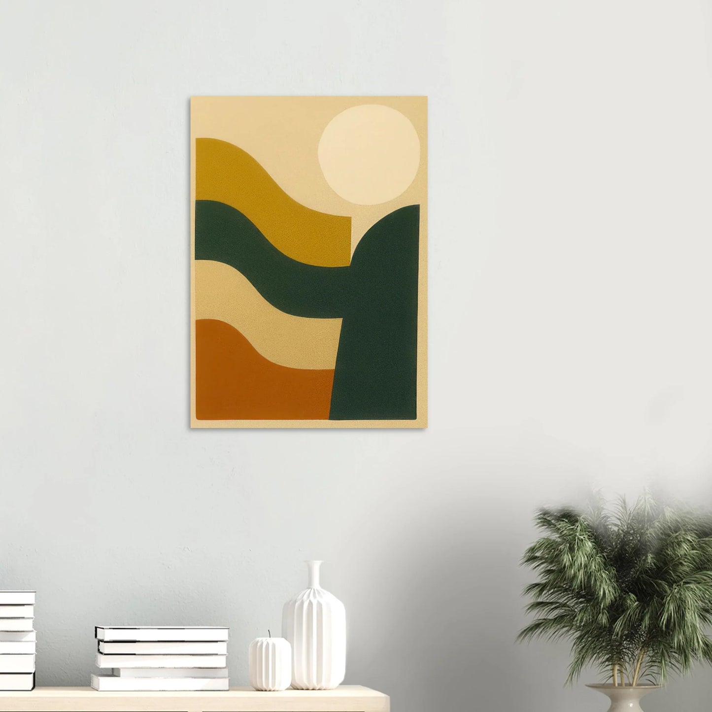 Abstrakt / Minimalistisk Solnedgång Poster – Moderna Vågor i Ockra, Skogsgrönt & Terrakotta, i Flera Storlekar