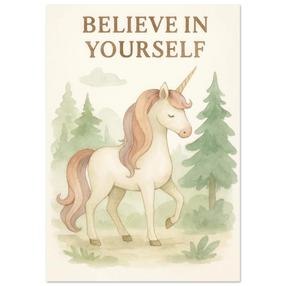 Magical Unicorn 'Believe in Yourself' Art Print – Whimsical Nursery & Kids Room Decor