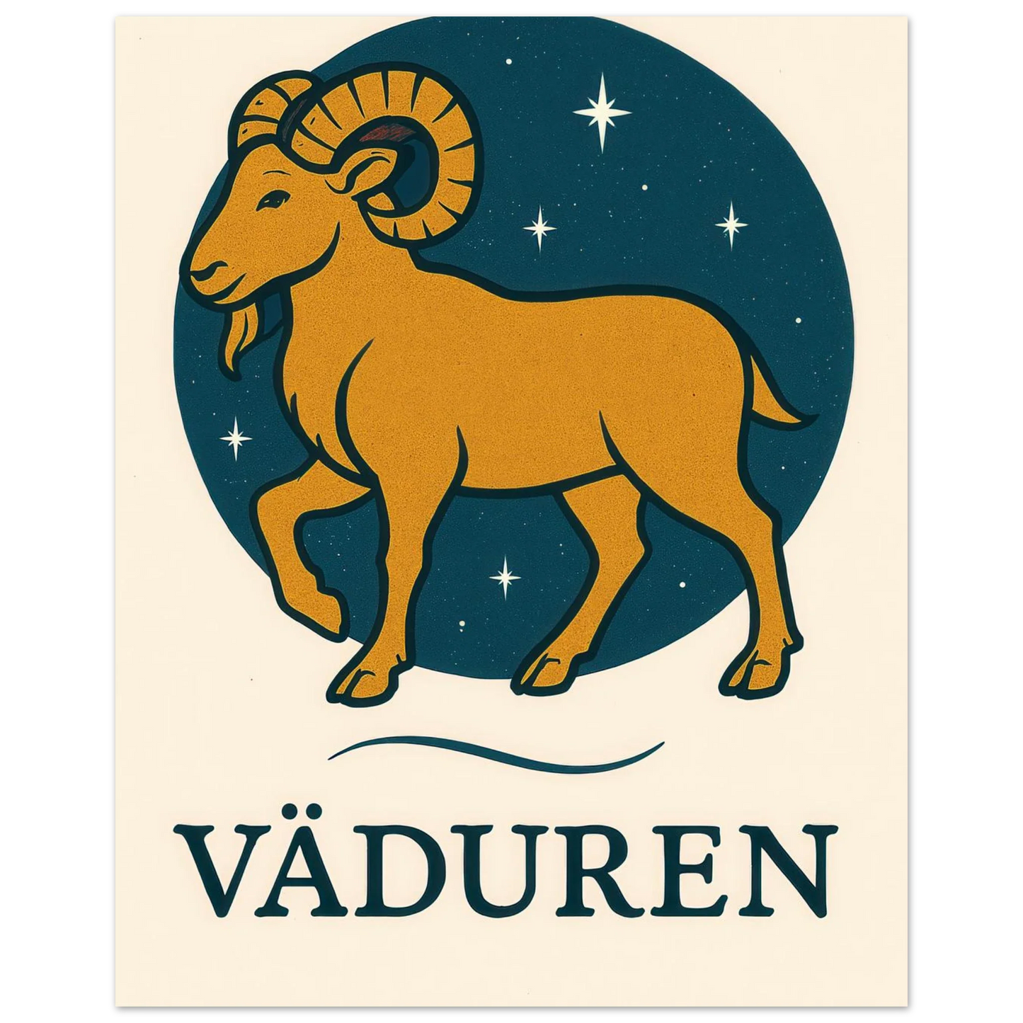 Väduren Stjärntecken Konsttryck – Guldbock i Retrodesign – Zodiac Väggkonst i Olika Storlekar