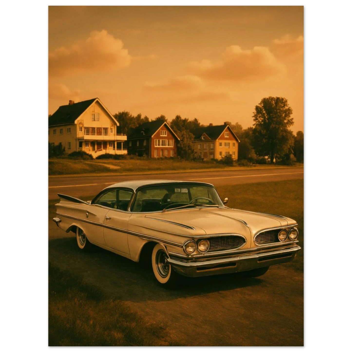Retro Sunset Drive Poster - Vintage Car Art Print in Warm Sepia Tones, Available in 29 Sizes