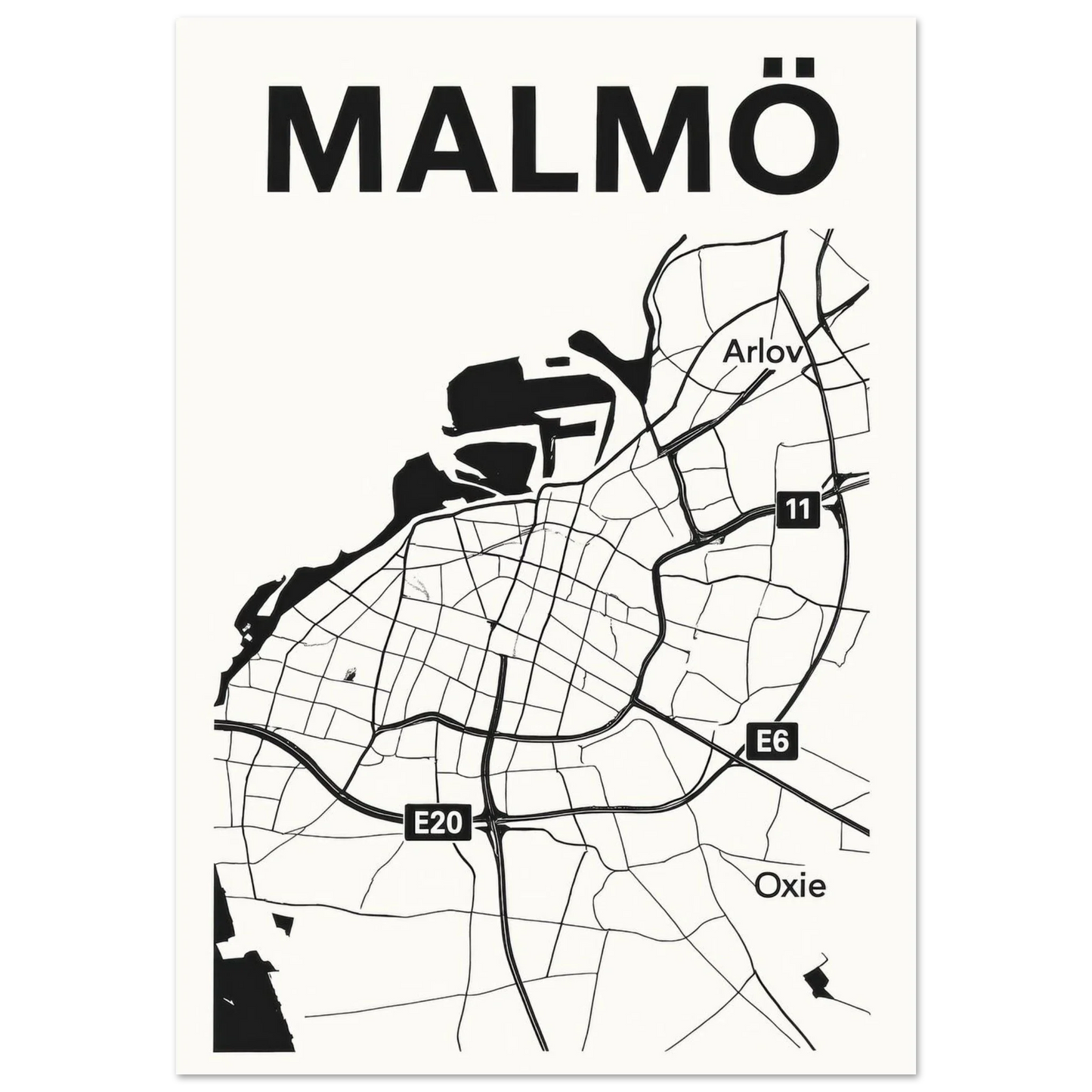 Malmö Urban Map Poster - Minimalist Black & White City Art Print