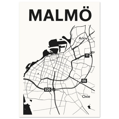 Malmö Urban Map Poster - Minimalist Black & White City Art Print