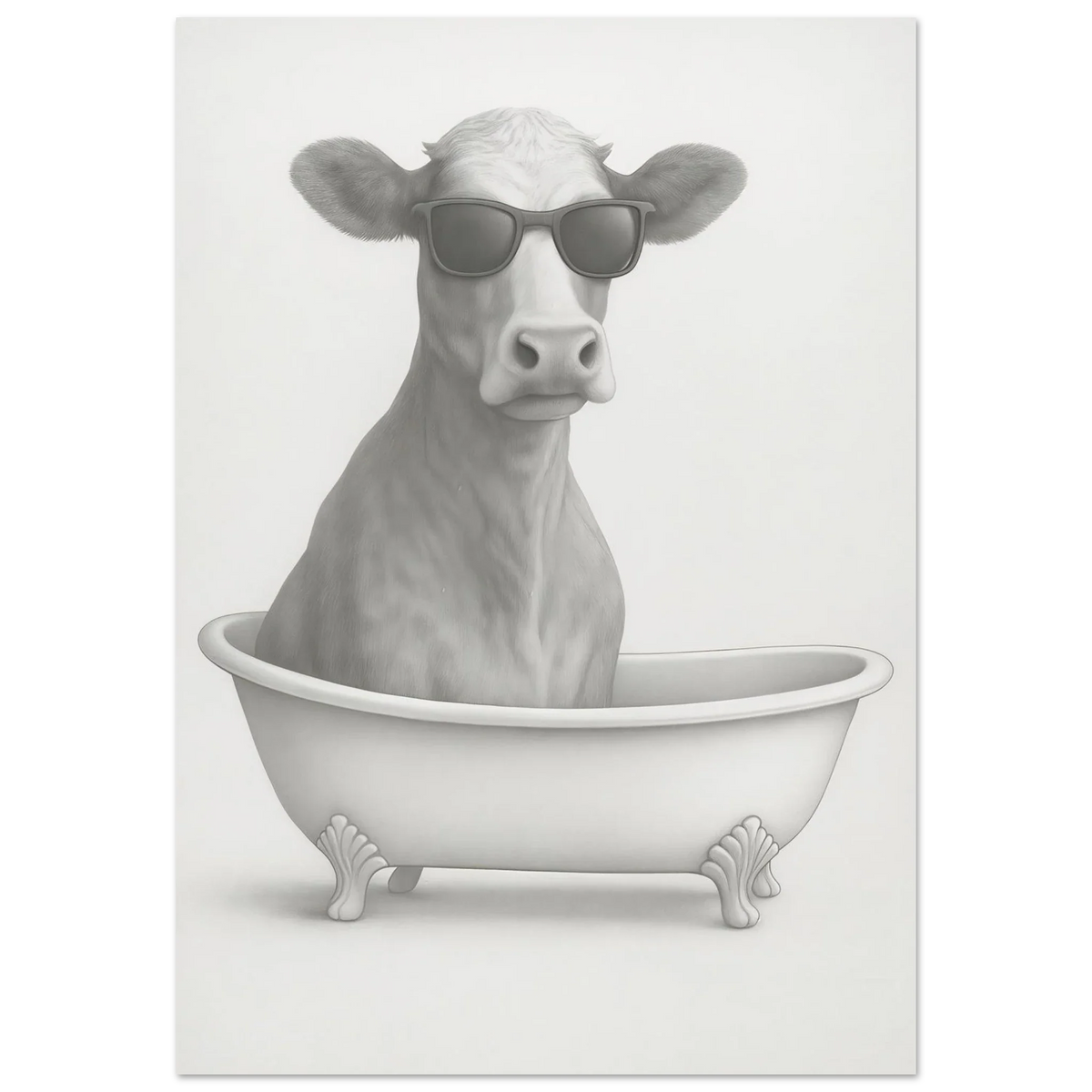 Cool Cow in Bathtub Art Print - Unique Pencil Drawing Poster