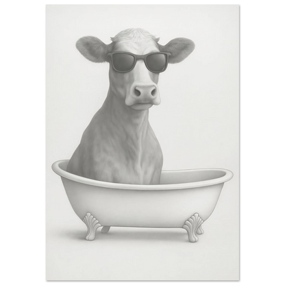 Cool Cow in Bathtub Art Print - Unique Pencil Drawing Poster