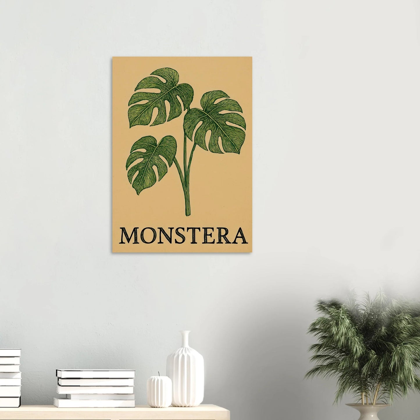 Frukter – Tropical Monstera Art Print i jordnära toner och livfulla gröna nyanser